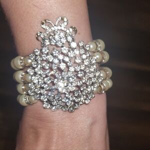 Bridal Cuff 4 strand Pearl Bracelet with Rhinestones Focal Point Wedding Jewelry